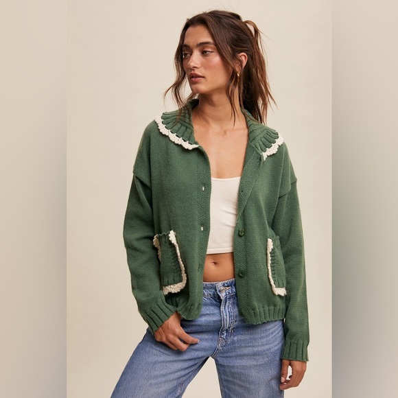 Eucalyptus Green Boho Scalloped Collar Cardigan with...